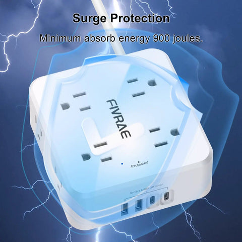 Knockout Ten Foot Extension Cord With Eight Separate Outlets And Four Fast USB Charging Ports Including Two USB C Plugs Compact three sided surge protector with lightning protection.