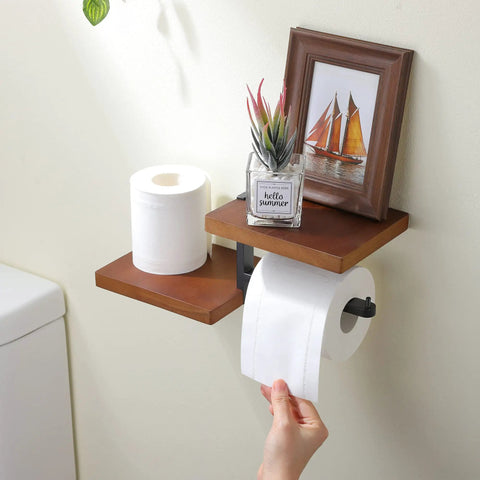 Floating Bathroom Shelves With Toilet Paper Holder Wall Mount Wooden Shelf And Black Metal Roll Holder Brown Wood Finish