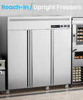 Solid Commercial Upright Freezer And Refrigerator Combo Fifty Four Cubic Feet Dual Zone Stainless Steel three-door unit in kitchen