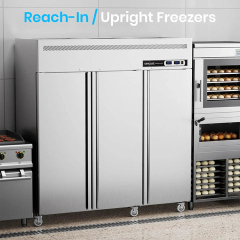 Solid Commercial Upright Freezer And Refrigerator Combo Fifty Four Cubic Feet Dual Zone Stainless Steel three-door unit in kitchen