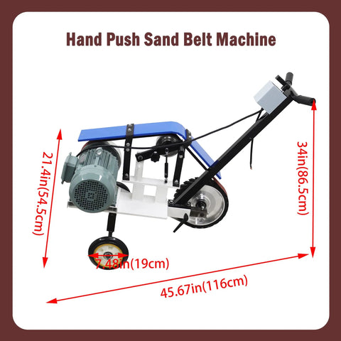 Beefy Hand Push Sand Belt Grinder With Slick Polish Finish 4Kw Motor Cranks Out Two Thousand Eight Hundred Rotations for manual grinding.