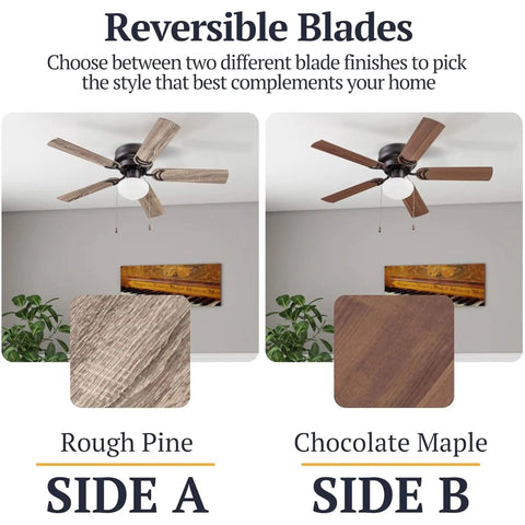44 Inch Ceiling Fan With Light For Small Rooms LED Flush Mount Indoor Fan With 5 Blades Bronze Finish Gray Pine Side A and Maple Brown Side B