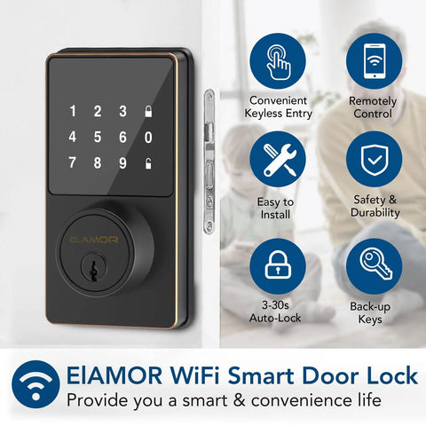 WiFi Keyless Entry Smart Lock With Touchscreen Keypad, Remote Unlock Via App, Bluetooth And WiFi Deadbolt, No Fuss Install Front Door Lock