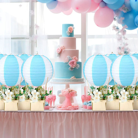 Dope DIY Hot Air Balloon Centerpieces Kit With 12 Blue And White Striped Paper Lanterns 12 Wooden Baskets And 50 Wooden Sticks