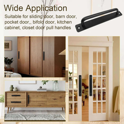 2 Pack Black Aluminum Barn Door Handles With 5 Inch Center Hole Sliding Closet Door Pulls For Wardrobe Cabinet Garage Gate 148mm L X 25mm W Rust Resistant Includes Four 16mm Screws And A Screwdriver installed on cabinets and doors showing application.