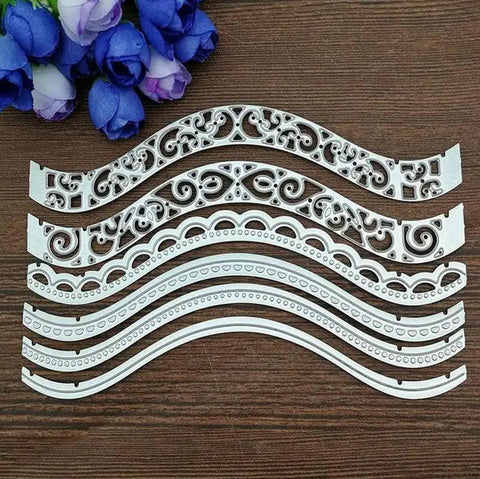 Vintage Lace Die Cuts 6 Piece Set With Wavy Border Edges Cutting Dies for DIY card making and scrapbooking, displayed on wood table
