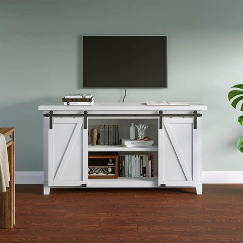 White cabinet with Five Foot Mini Double Door Sliding Barn Door Hardware Kit For Cabinets TV Stands And Wardrobes installed.