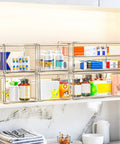 Super Slick Acrylic Stackable Drawer Set Of Six Pack For Vanity And Bathroom Desk Organization Modular Units Stack Up Fast to store toiletries.