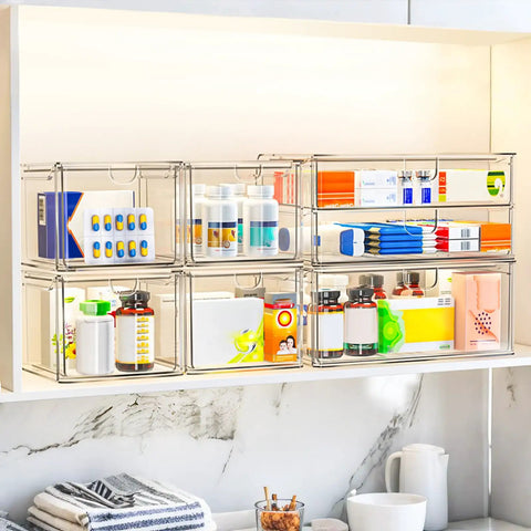 Super Slick Acrylic Stackable Drawer Set Of Six Pack For Vanity And Bathroom Desk Organization Modular Units Stack Up Fast to store toiletries.