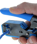 Pro Grade Multi Function Data And Voice Crimp Tool Kit For CAT3 CAT5e CAT6 Cables With RJ45 And RJ11 Modular Plugs, in use