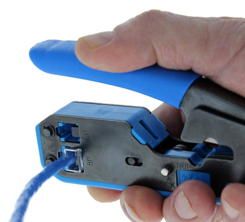 Pro Grade Multi Function Data And Voice Crimp Tool Kit For CAT3 CAT5e CAT6 Cables With RJ45 And RJ11 Modular Plugs, in use