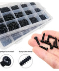 Heavy Duty Black Steel Micro Phillips Wood Screws Round Pan Head Self Tapping Hardware Kit in a clear organizer with assorted sizes.