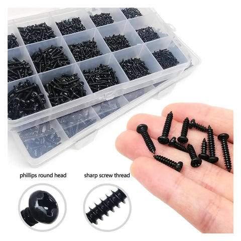 Heavy Duty Black Steel Micro Phillips Wood Screws Round Pan Head Self Tapping Hardware Kit in a clear organizer with assorted sizes.