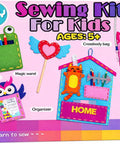 Front of Beginner Kids Sewing Kit With 6 DIY Projects Fun Prepunched Fabric Safe Plastic Needle No Glue Arts And Crafts Toy