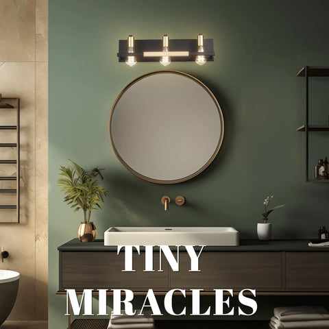 4 Light Vanity Light Fixture Black And Gold Rustic Modern Wall Sconce over mirror in stylish bathroom setting