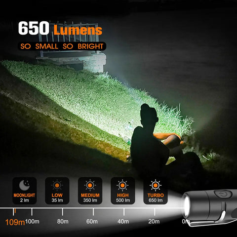 Rechargeable Keychain Flashlight 650 Lumens EDC Pocket Light illuminating outdoor area at night