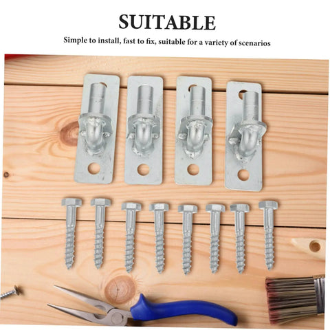Beefy Fence Post Hinges Set With Half Inch Mount Four Piece No Squeak Gate Hardware For Privacy Fencing And Ranch Yards showing steel brackets and screws on a wooden surface.