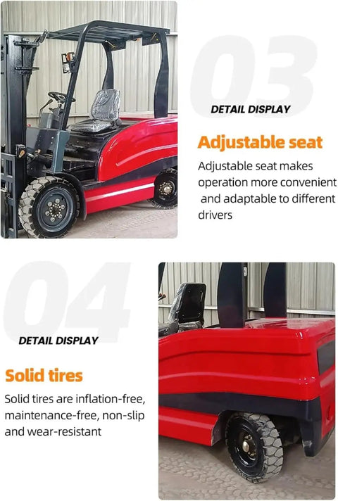 Heavy Duty Electric Forklift For Warehouse Logistics And Dock Loading Featuring Ride On Setup and adjustable seat design.