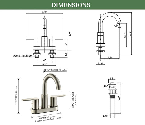 Diagram showing dimensions of Brushed Nickel Centerset Bathroom Faucet With Drain Assembly High Arc 4 Inch Lavatory 3 Hole Mount