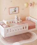Twin Size Montessori Floor Bed With Safe Guardrails For Toddlers, White Wood Frame, Low To The Ground Design, in child's room