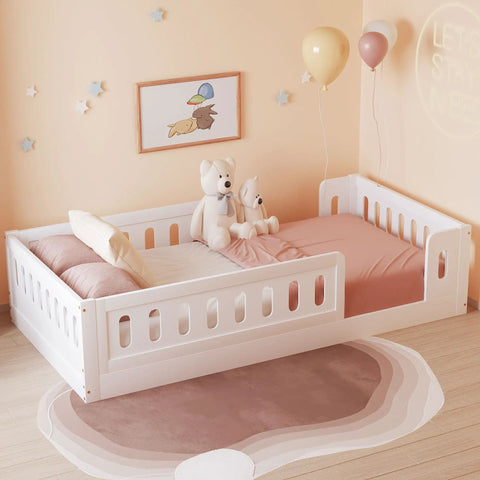 Twin Size Montessori Floor Bed With Safe Guardrails For Toddlers, White Wood Frame, Low To The Ground Design, in child's room