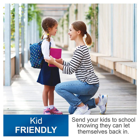 Parent and child with backpack, promoting Electronic Keyless Entry Door Lock With Illuminated Keypad And Auto Locking Deadbolt 20 User Codes Front Door Garage Or Office Easy Programming No Key Needed Hassle Free Entry for kid-friendly use.