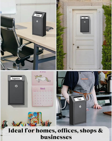 Locking Money Box For Cash Tips And Payments, Wall Mount Mailbox With Magnetic Label Holder, Key Drop Box in various settings