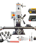 Shop Ready Mini Milling And Drilling Machine With R8 Spindle Taper And Wide Benchtop Table Crafted For Garage Builders Seeking Dead On Accuracy And Smooth Variable Speed Adjustment Powered By A Tough 1100W Brushless Motor Setup with accessories and tools