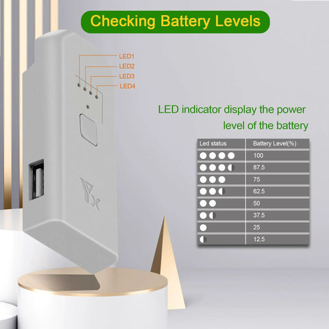 Neo Drone Battery Charger Hub Fast Charge Station with LED indicators and USB port displayed alongside battery level key.