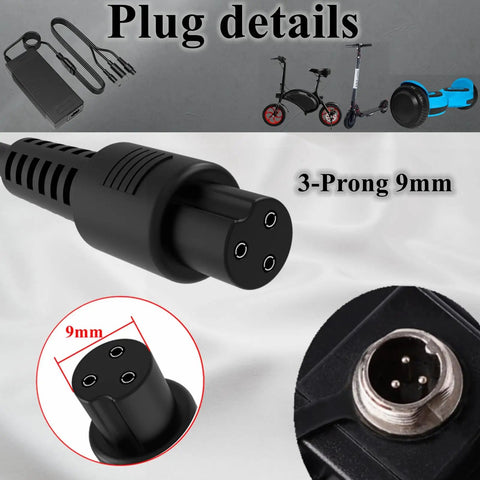 Close-up of 3-prong plug and 42V 2A Replacement Charger for 36V Ebike And Electric Scooter Batteries Universal Three Port Charger