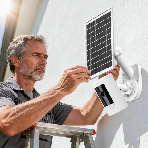 Man installing 2 In 1 Solar Panel Wall Mount For Outdoor Security Camera With 7W Solar Charger on a wall, ladder visible