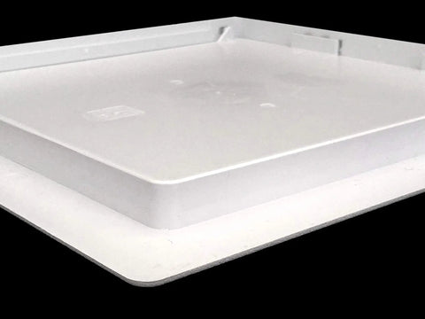 Zero Stress Installation Removable Plastic Access Panel With Frame Built Right For Six By Nine Inch Openings Fits Drywall Ceilings Smoothly, white panel side view.