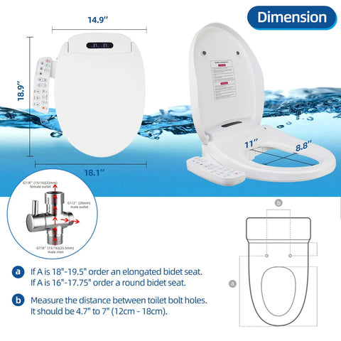 Dimensions of Smart Heated Bidet Toilet Seat Round With Vortex Wash Front And Rear Cleansing 3 Water Temps And 3 Water Pressures