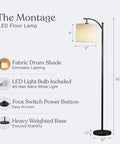 Arc Shaped LED Floor Lamp With Hanging Shade For Living Rooms And Offices Sleek Modern Lighting With Sturdy Marble Base Lit Reading Light Mid Century Farmhouse Style Black showing fabric shade and power button
