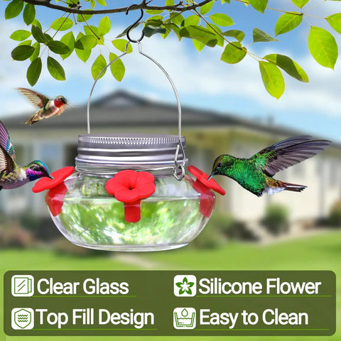 Hummingbird Feeder With Cute Mason Jar Design, Four Silicone Flower Ports, Top Fill, Leak-Proof, Easy To Clean And Refill, Outdoor Hanging Bird Feeder For Gardens Patios And Windowsills