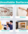 Image showing unsuitable surfaces for Thirty Two Piece Clear Rubber Bumpers Super Sticky Self Adhesive Pad including rough, wallpaper, painted walls, and hot surfaces.