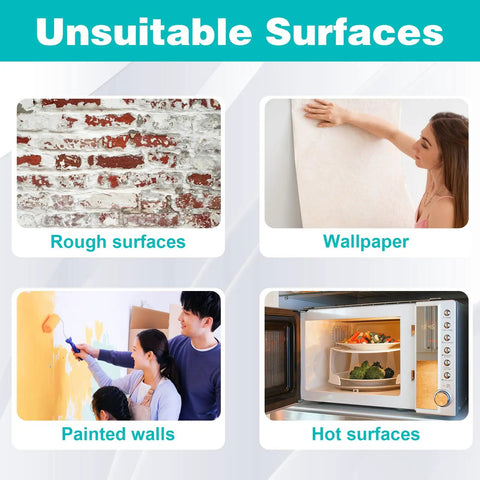 Image showing unsuitable surfaces for Thirty Two Piece Clear Rubber Bumpers Super Sticky Self Adhesive Pad including rough, wallpaper, painted walls, and hot surfaces.
