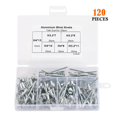 120 Piece Aluminum Blind Rivets Set M3.2 By 7mm 9mm 11mm And M4 By 8mm 10mm 13mm For Furniture Pro Grade DIY Projects Car And Aircraft Quick Install Pop Rivets Assorted Kit Lightweight Durable in open plastic case