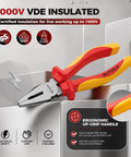 1000V Insulated Lineman Pliers, 6 Inch, VDE Certified Combination Pliers For Electrical Wiring, Cr-V Steel With Non-Slip Grips, Heavy Duty Pliers For Electricians, Safe, Reliable, All-Purpose Workhorse shown with insulated red-yellow handles and 1000V VDE labels