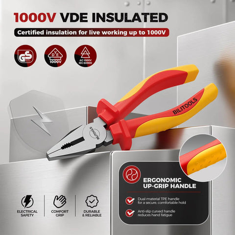 1000V Insulated Lineman Pliers, 6 Inch, VDE Certified Combination Pliers For Electrical Wiring, Cr-V Steel With Non-Slip Grips, Heavy Duty Pliers For Electricians, Safe, Reliable, All-Purpose Workhorse shown with insulated red-yellow handles and 1000V VDE labels