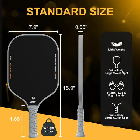 Set Of 2 Pickleball Paddles With Raw Carbon And Glass Fiber Surface, 14mm PP Honeycomb Core, Ultra Light, shown dimensions