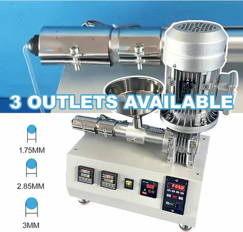 Compact 1000W Desktop 3D Printer Filament Maker Single Screw Extruder with three outlet sizes for versatile filament production.