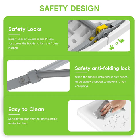 Close-up of Six Foot Folding Table With Two Benches, highlighting safety locks and easy-to-clean white HDPE top with text overlay.