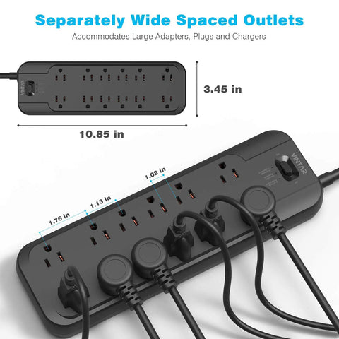 Dual 4800 Joule Surge Protector Power Strip With 12 Outlets, 6ft Flat Plug Cord, showing wide spaced outlets in use
