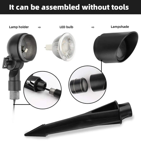 Disassembled view of Six Pack 12V 5W LED Landscape Lights showing lamp holder, LED bulb, lampshade, and stake.