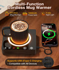 Cordless Mug Warmer With Built In Portable Charger Keeps Coffee Piping Hot On Desks Using Three Heat Settings Perfect For Office Routines And Road Trips Zero Tangled Cords Required To Slay Your Morning Brew Ritual with coffee cup on charging pad.