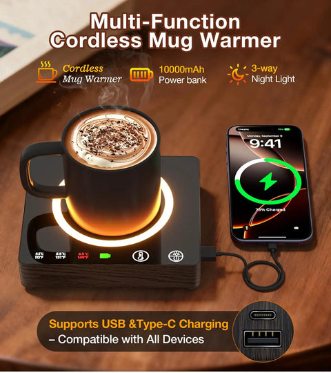 Cordless Mug Warmer With Built In Portable Charger Keeps Coffee Piping Hot On Desks Using Three Heat Settings Perfect For Office Routines And Road Trips Zero Tangled Cords Required To Slay Your Morning Brew Ritual with coffee cup on charging pad.