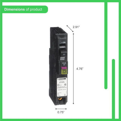 QO120PDFC 20 Amp Plug On Neutral Dual Function Circuit Breaker With CAFCI and GFCI dimensions shown, 2.91 x 4.76 x 0.75 inches