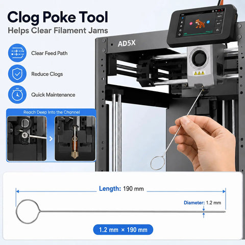 Top Shelf 3D Printer Tool Kit Featuring Slick Nozzle Cleaning Brushes And Heavy Duty Clog Poke Needles For Spotless Hotend Care. Clog poke tool for clearing filament jams, 190mm long, 1.2mm diameter.