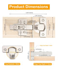 Dimensions of 2 Pack Full Overlay Soft Close Cabinet Hinges For Frameless European Kitchens Clip On 35mm Cup 3D Adjustment with measurements